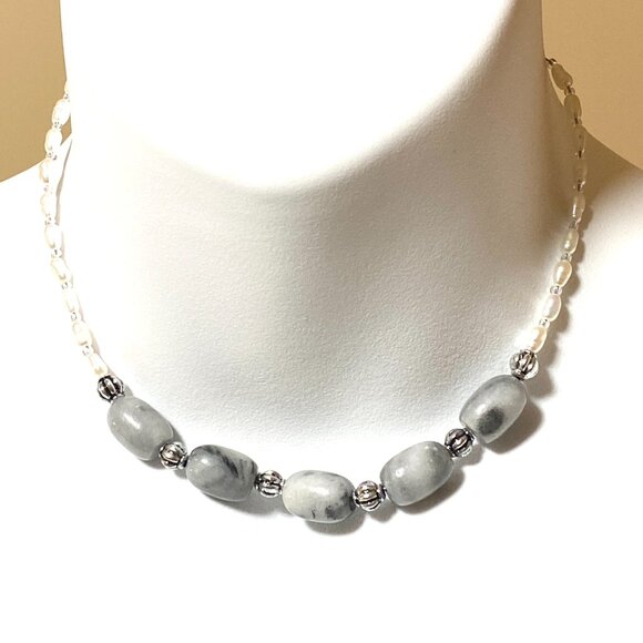 Genuine Grey Anhydrite & White Freshwater Pearl Choker, Beaded Natural Gemstones - Picture 2 of 13